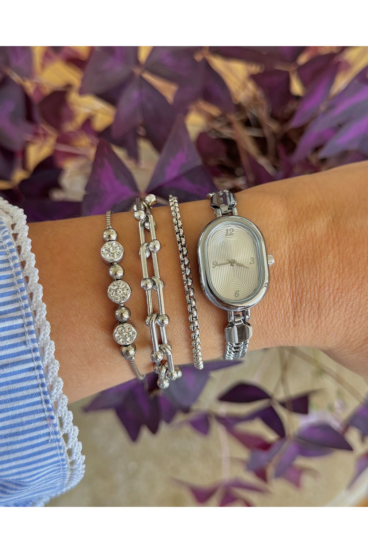 Onouqo Urban Silver – 4’lü Modern Stil Saat ve Bileklik Seti