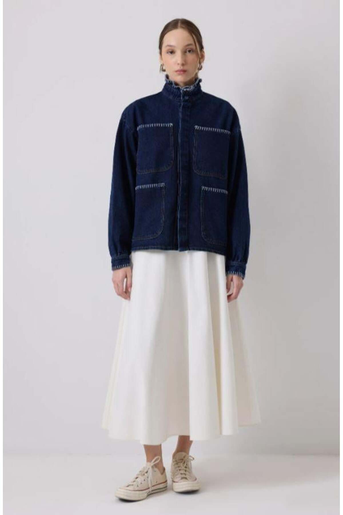 Touche Yakası Nakışlı Denim Ceket Koyu Denim