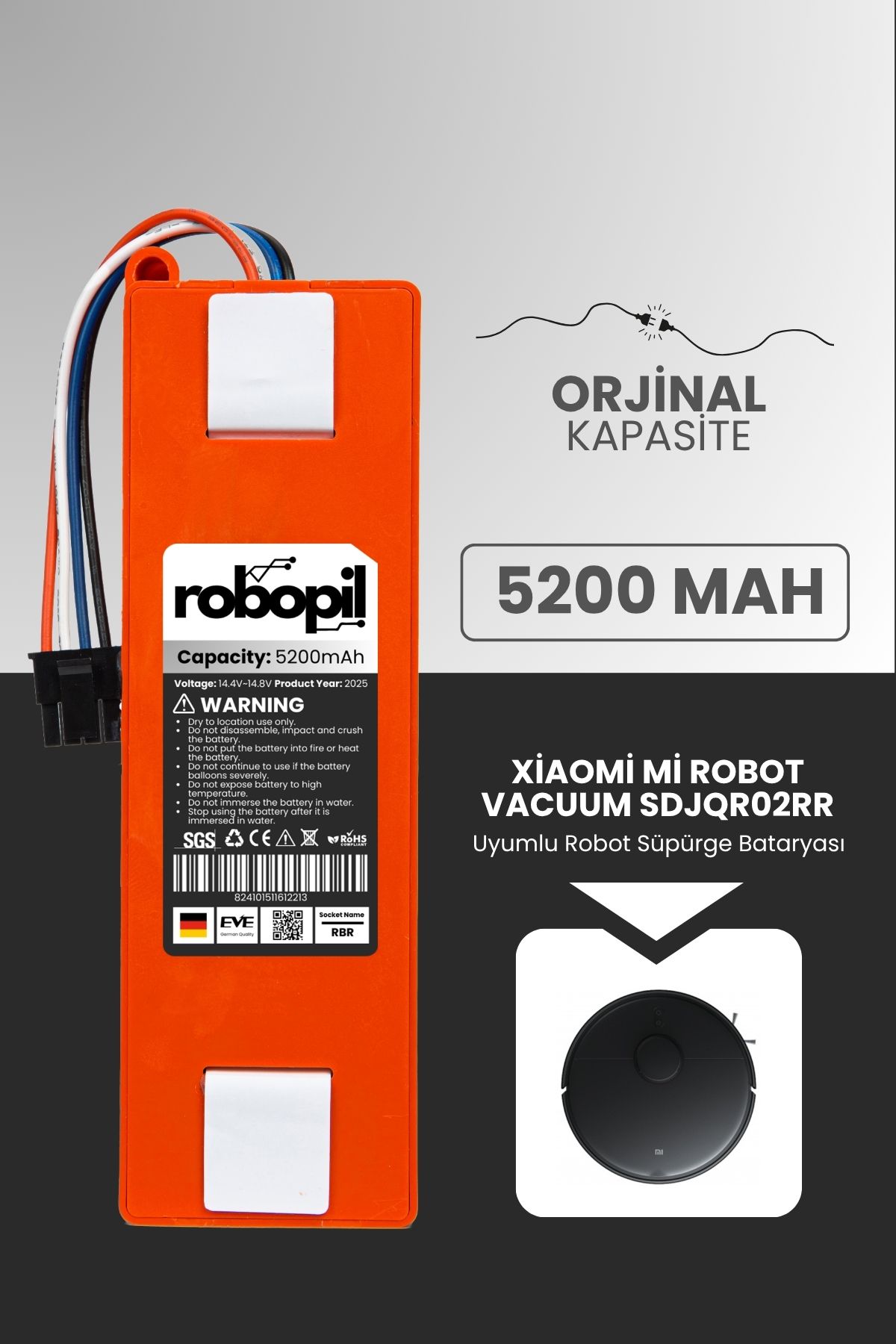 ROBOPİL Xiaomi Mi Robot Vacuum Sdjqr02rr Uyumlu Batarya (STANDART KAPASİTE) 5200mah Robot Süpürge Pili
