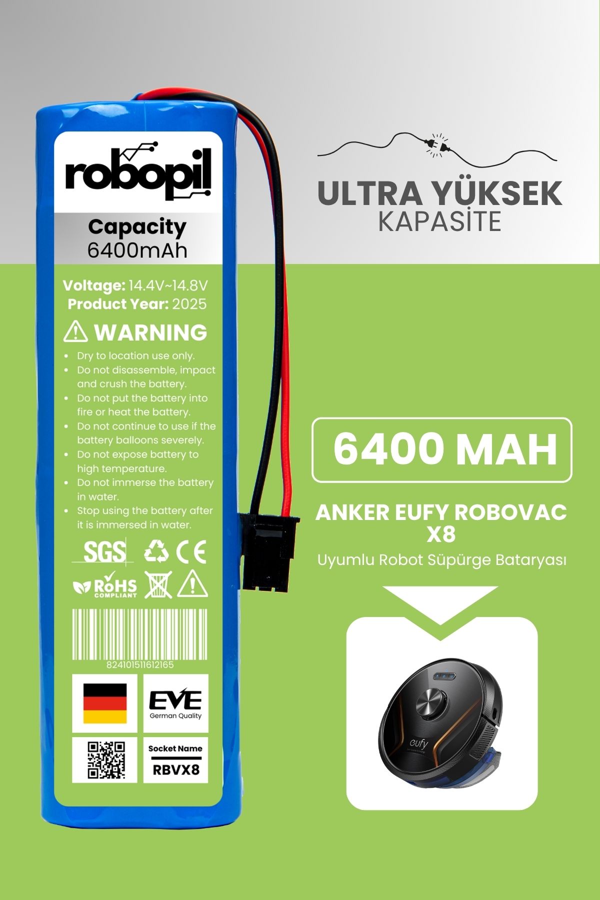 ROBOPİL Anker Eufy Robovac X8 Pil Batarya [Ultra Yüksek Kapasite] 6400mah Akıllı Robot Süpürge Bataryası