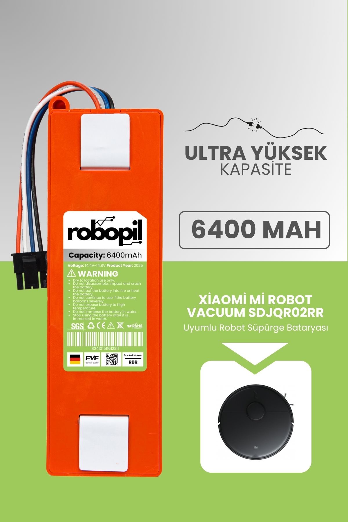 ROBOPİL Xiaomi Mi Robot Vacuum Sdjqr02rr Uyumlu Batarya (ULTRA YÜKSEK KAPASİTE) 6400mah Robot Süpürge Pili