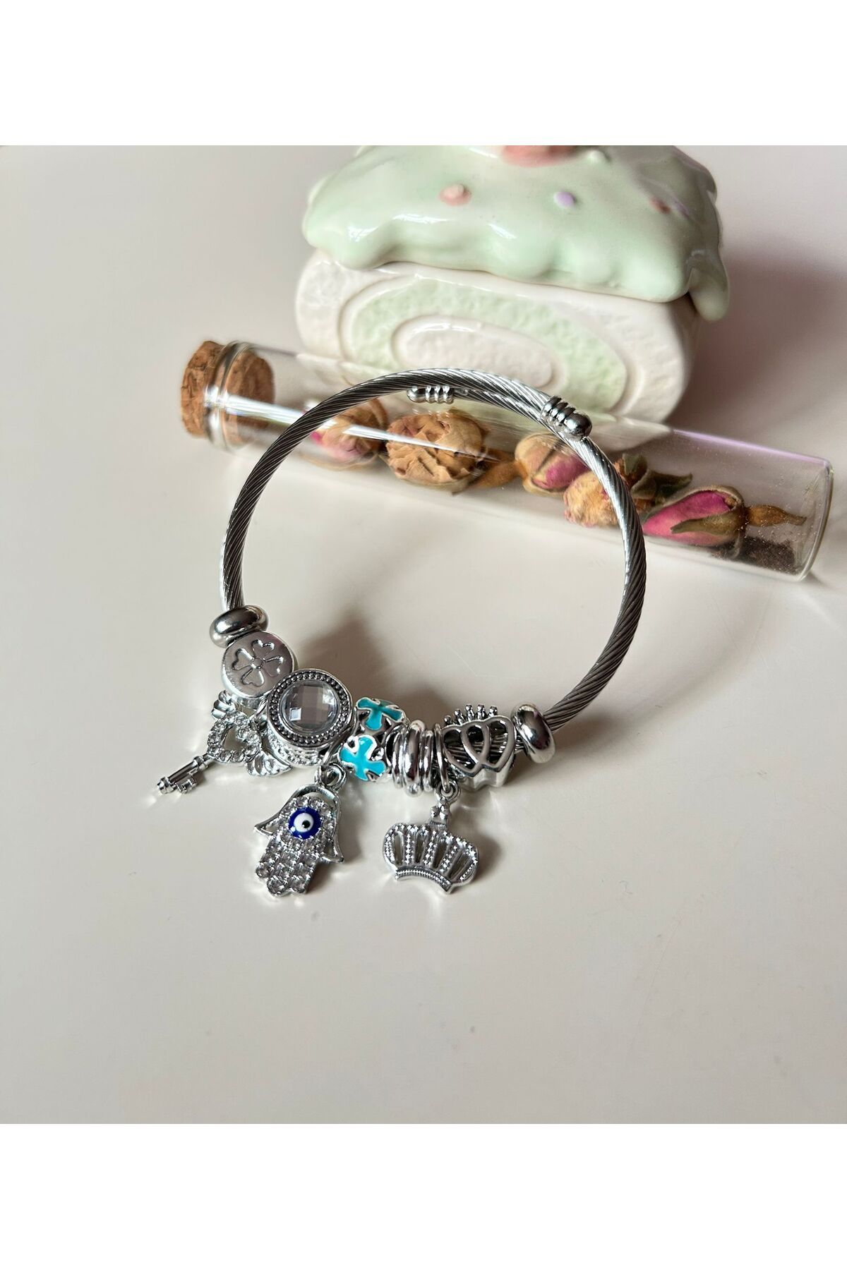 Cheecky Chic İpekish | Silver Nazar Boncuğu Charm Bileklik | Paslanmaz Çelik & Şans Sembolü
