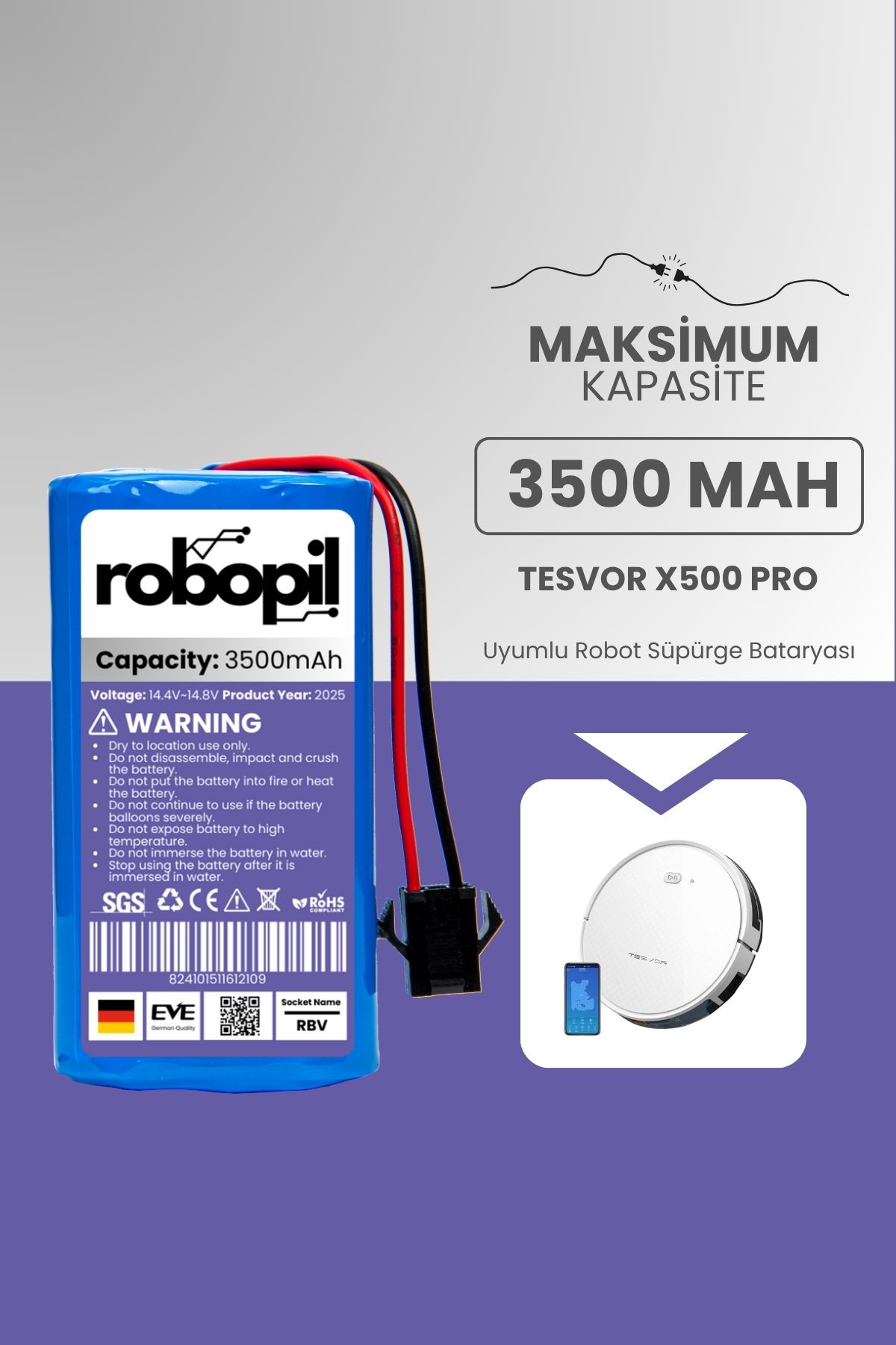 ROBOPİL Tesvor X500 Pro Pil Batarya [Maksimum Kapasite] 3500mah Akıllı Robot Süpürge Bataryası Değişimi