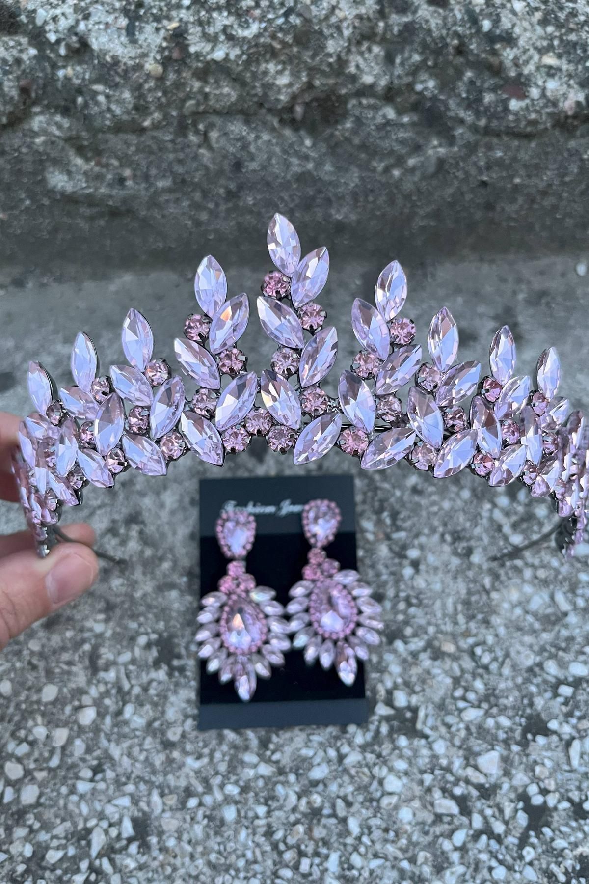 Hobigram Regina Pembe Gelin Kına Tacı Özel Gün Aksesuar Kadın Taç Ve Geniş Mekik Küpe Takımı