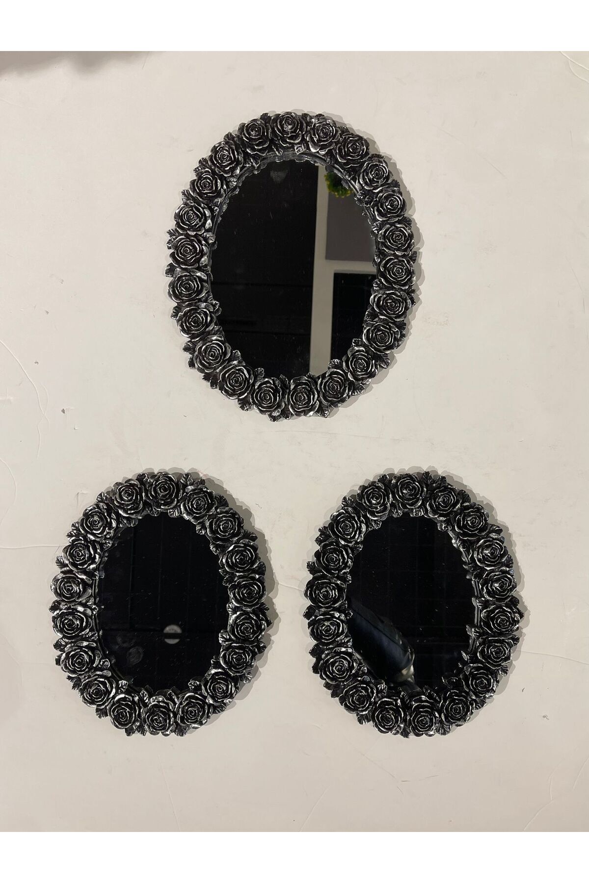 Elioure Şık Polyester Üçlü Otantik Çiçek Desenli Ayna Takımı Gümüş Siyah Eskitme