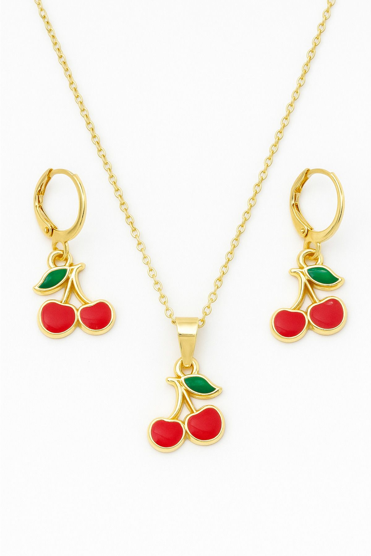 MakeWell Kiraz Tasarımlı Gold Renkli Kolye ve Küpe Takımı