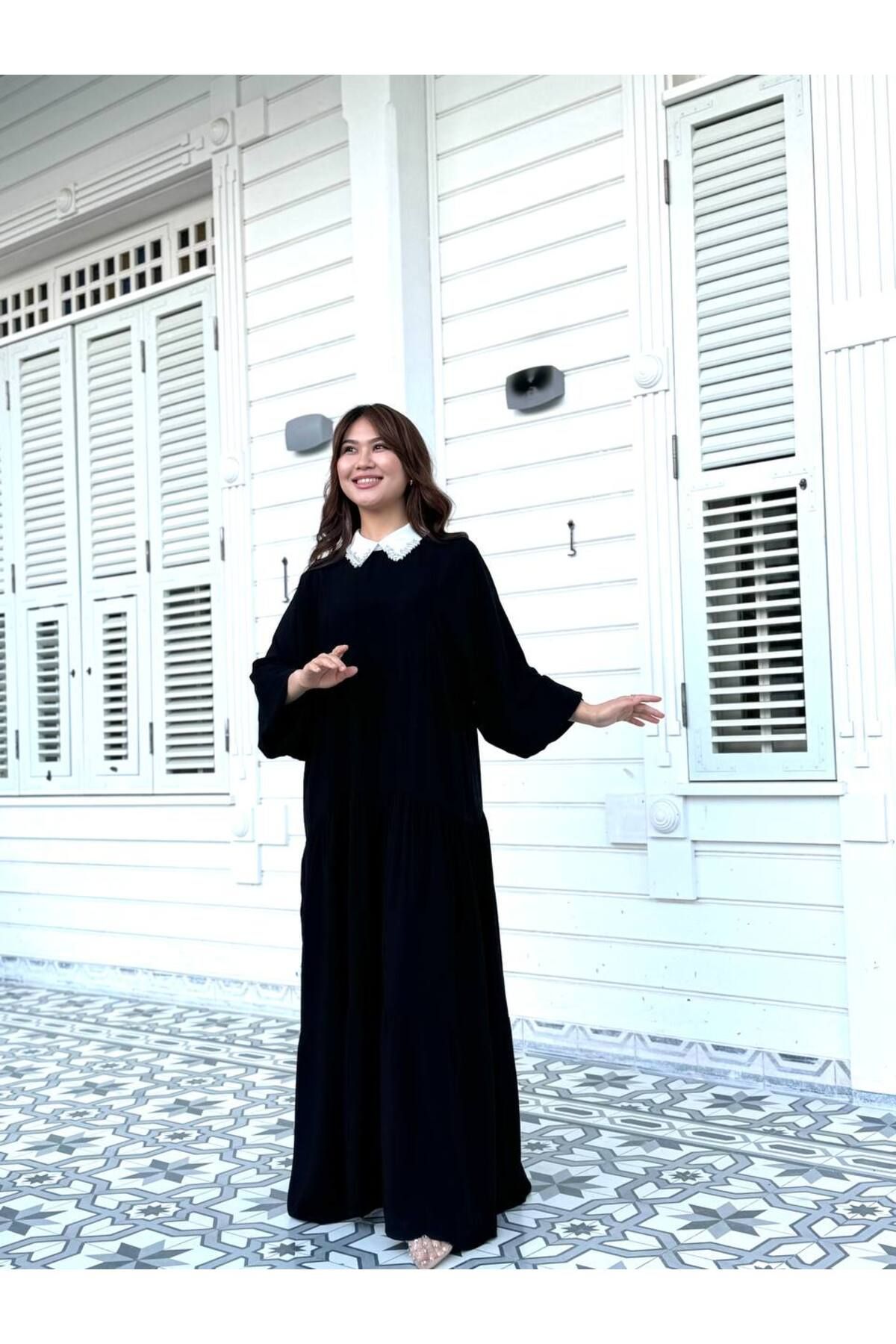 Castivo Fashion İnci Yaka Kat Detaylı Salaş Abaya Elbise