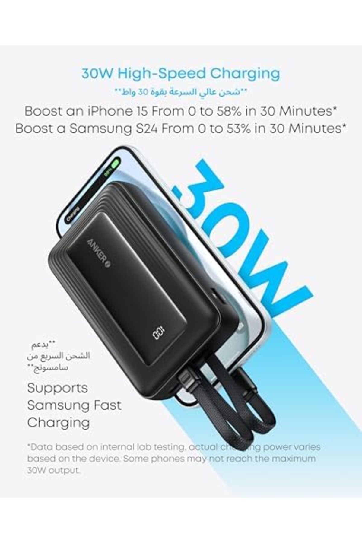 Anker-Anker Zolo Power Bank, Portable Fast Charger 20,000mAh 30W with Built-In Lightning and USB-C Cables 8