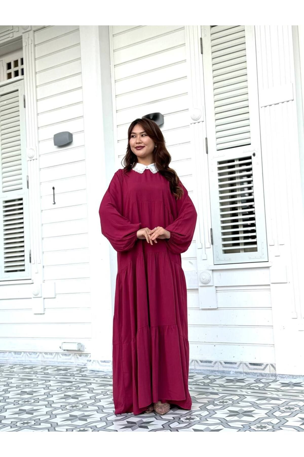 Castivo Fashion İnci Yaka Kat Detaylı Salaş Abaya Elbise