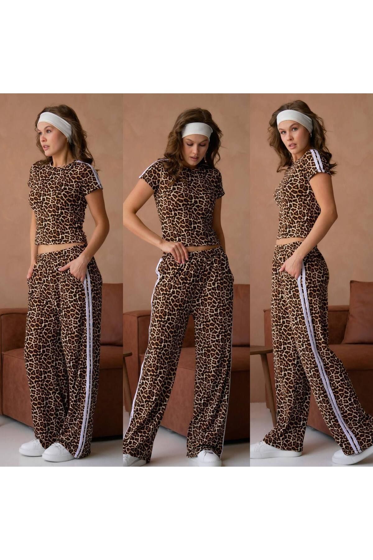 Castivo Fashion Leopar Desenli Çizgili Kadın Eşofman Takımı