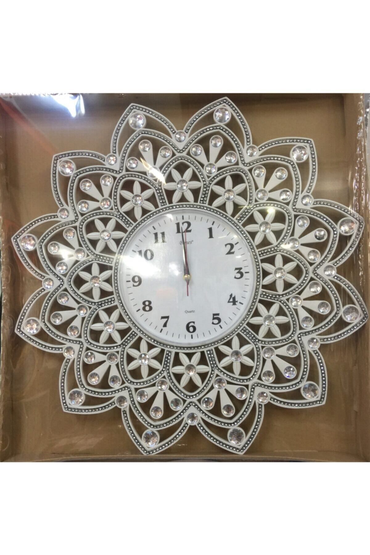 Elioure Büyük Boy Taşlı Modern Duvar Saati, 54 Cm, Salon Tipi, Yeni Model, Beyaz Taşlı