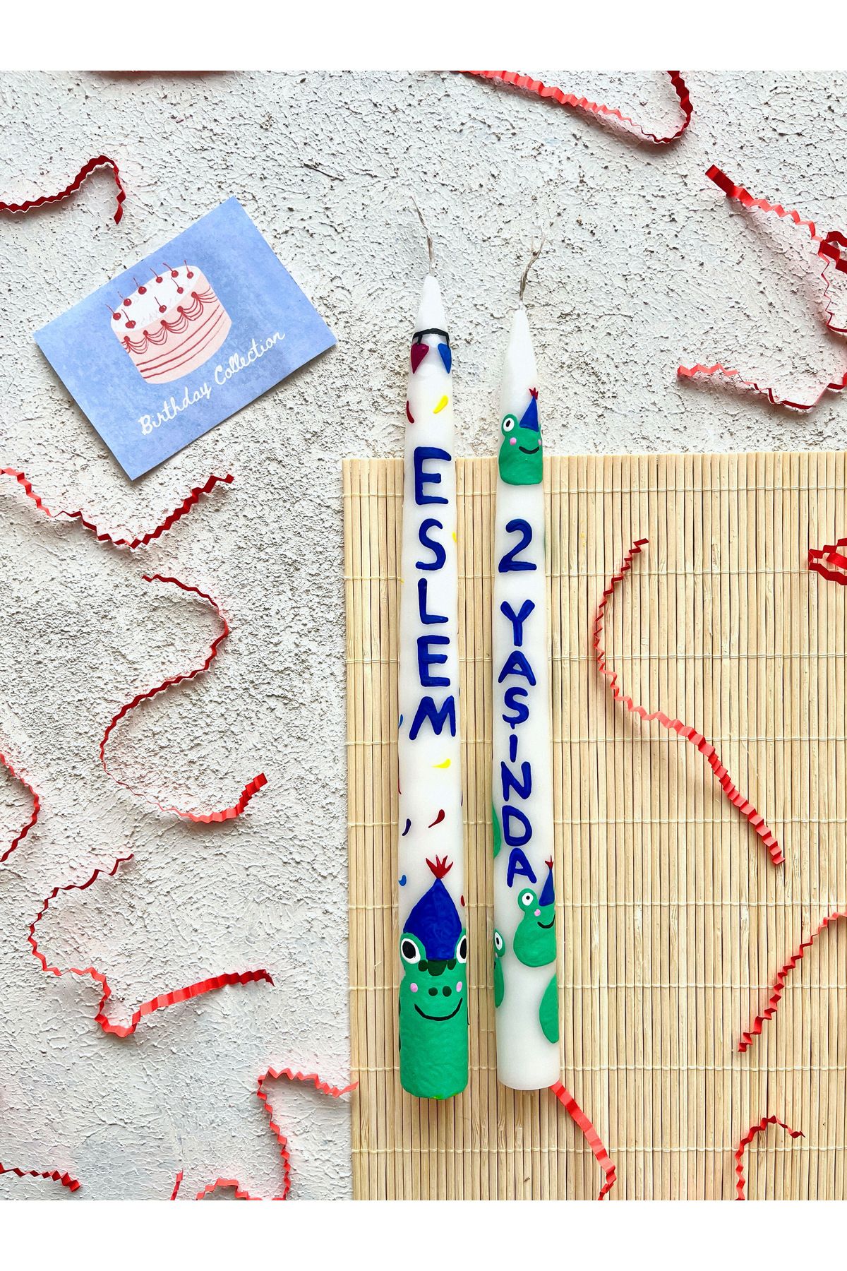 CaGi Kişiye Özel Kurbağa Desenli / El Boyaması 2'Li Doğum Günü Mum Seti