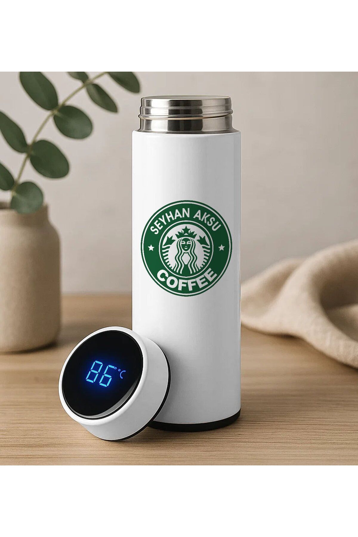Bk Gift Kişiye Özel İsimli Coffee Tasarımlı Filtreli Dijital Göstergeli Beyaz Çelik Termos-8, Arkada