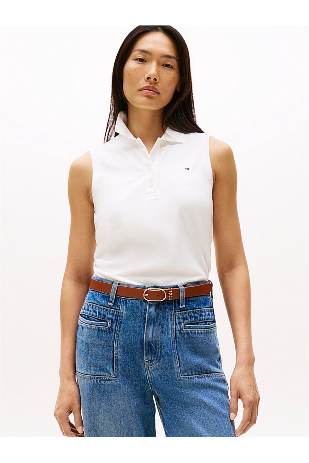 Tommy Hilfiger Kadın Polo Yaka Düğme Kapama Sıfır Kol Beyaz Polo Yaka T-Shirt WW0WW46790-YBL
