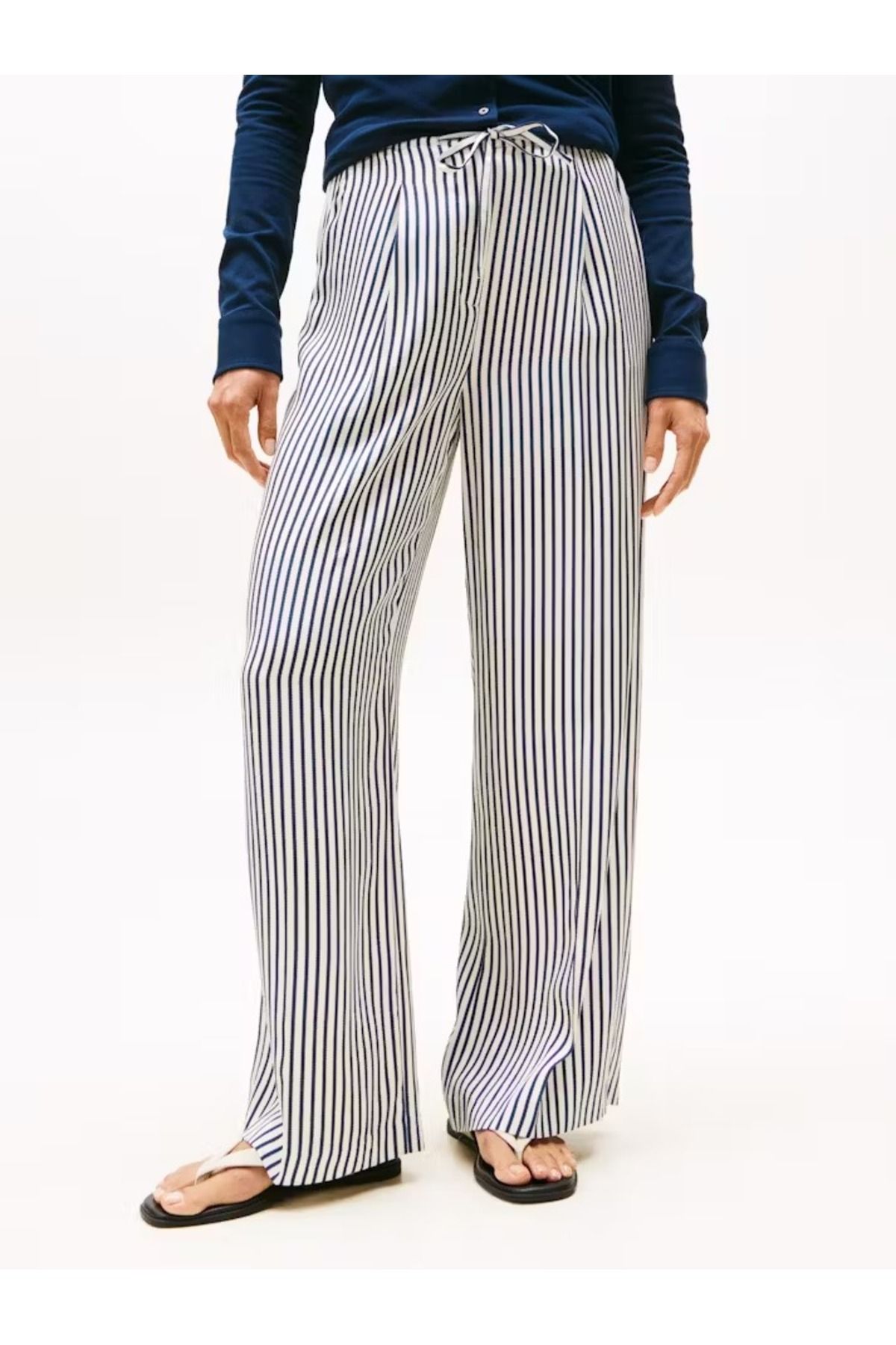 Tommy Hilfiger Kadın Bel Bağlamalı Çizgili Uzun Boy Cepli Beyaz Pantolon WW0WW45890-0FD