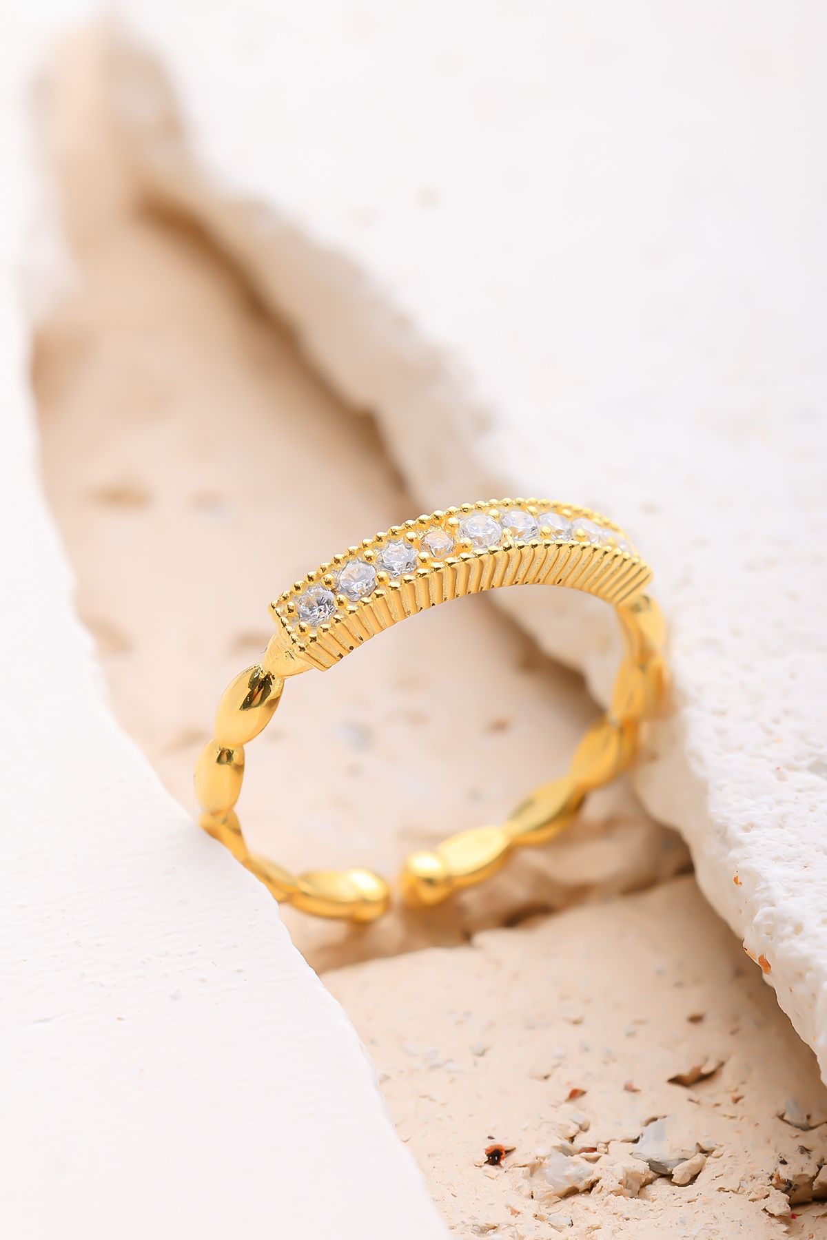 Lucente Jewellery Özel Hediye Kutulu Minimal Taşlı Dikdörtgen Gümüş Altın Kaplama Ayarlanabilir Yüzük