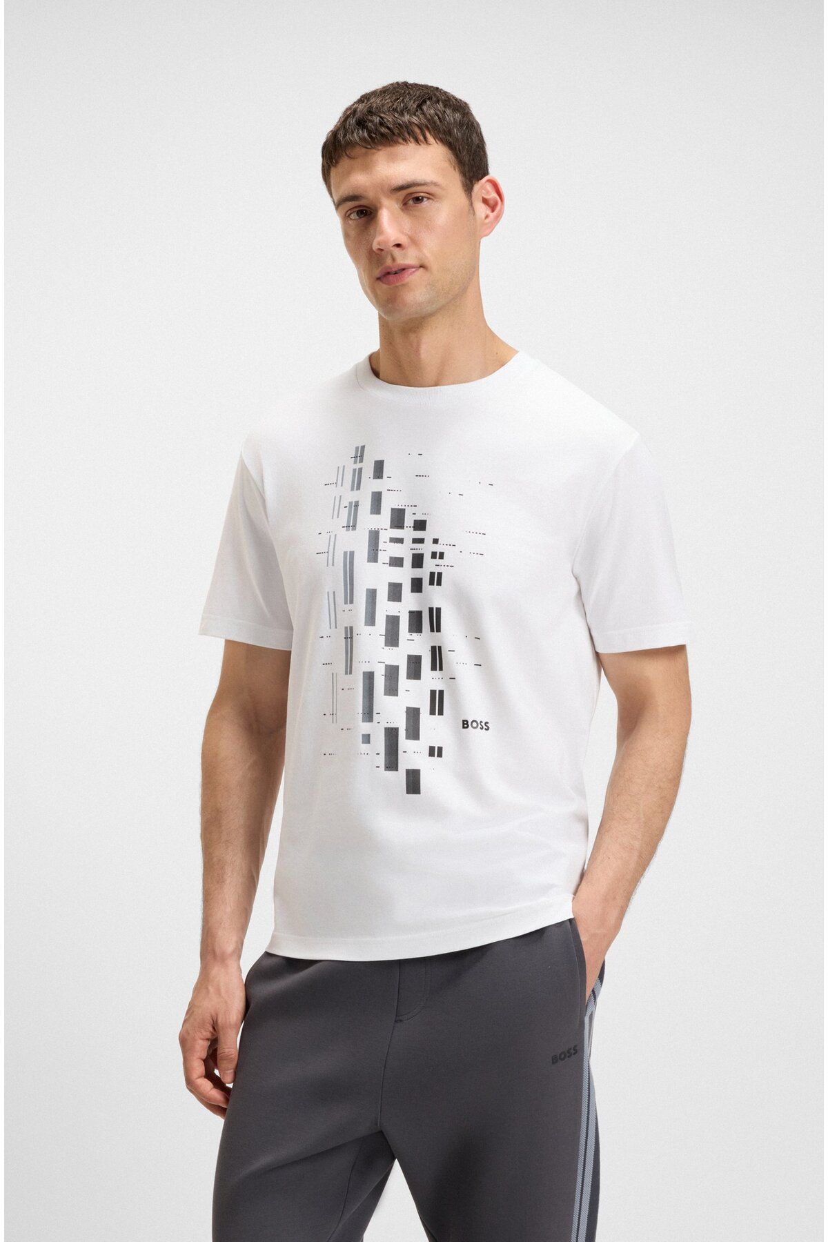 BOSS Erkek Bisiklet Yaka Kısa Kollu Desenli Vücudu Sarmayan Rahat Beyaz T-Shirt 50543808-100