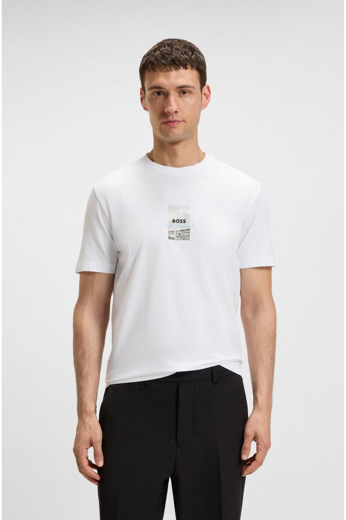 BOSS Erkek Rahat Kalıp Önü ve Arkası Baskılı Yuvarlak Yakalı Kısa Kollu Beyaz T-Shirt 50545869-100