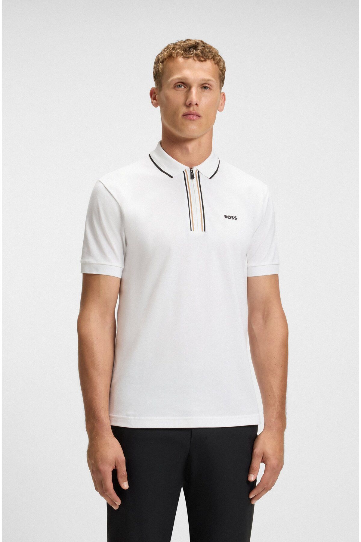 BOSS Erkek Slim Fit Hızlı Kuruyan Esnek Pamuklu Kısa Kollu Fermuarlı Beyaz Polo Yaka T-Shirt 50544450-100