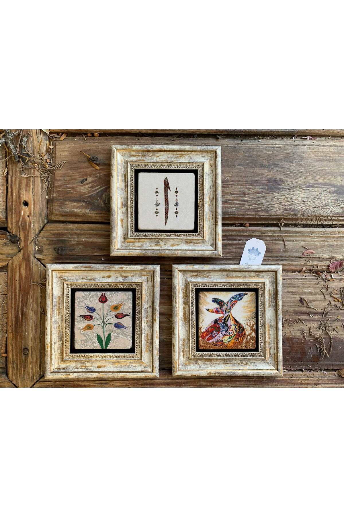 Elioure 3'lü Taşlı Çerçeveli Duvar Dekoru, 20x20 cm, Semazen ve Çiçek Tasarımı
