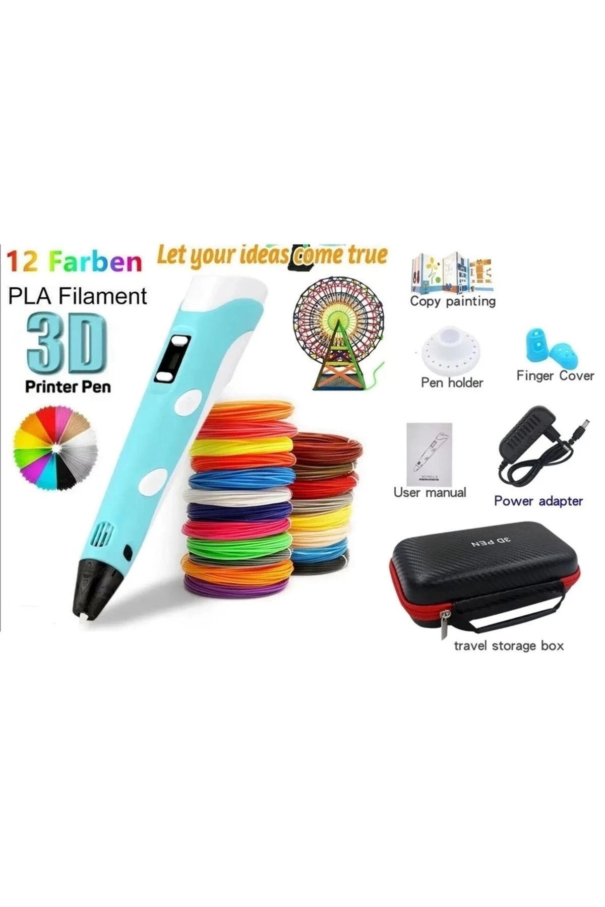 shopwave 3d Pen Üç Boyutlu Yazıcı Kalem Printer (12 Adet 3 Metre Filament -36 Metre Led Ekranlı Adatörlü
