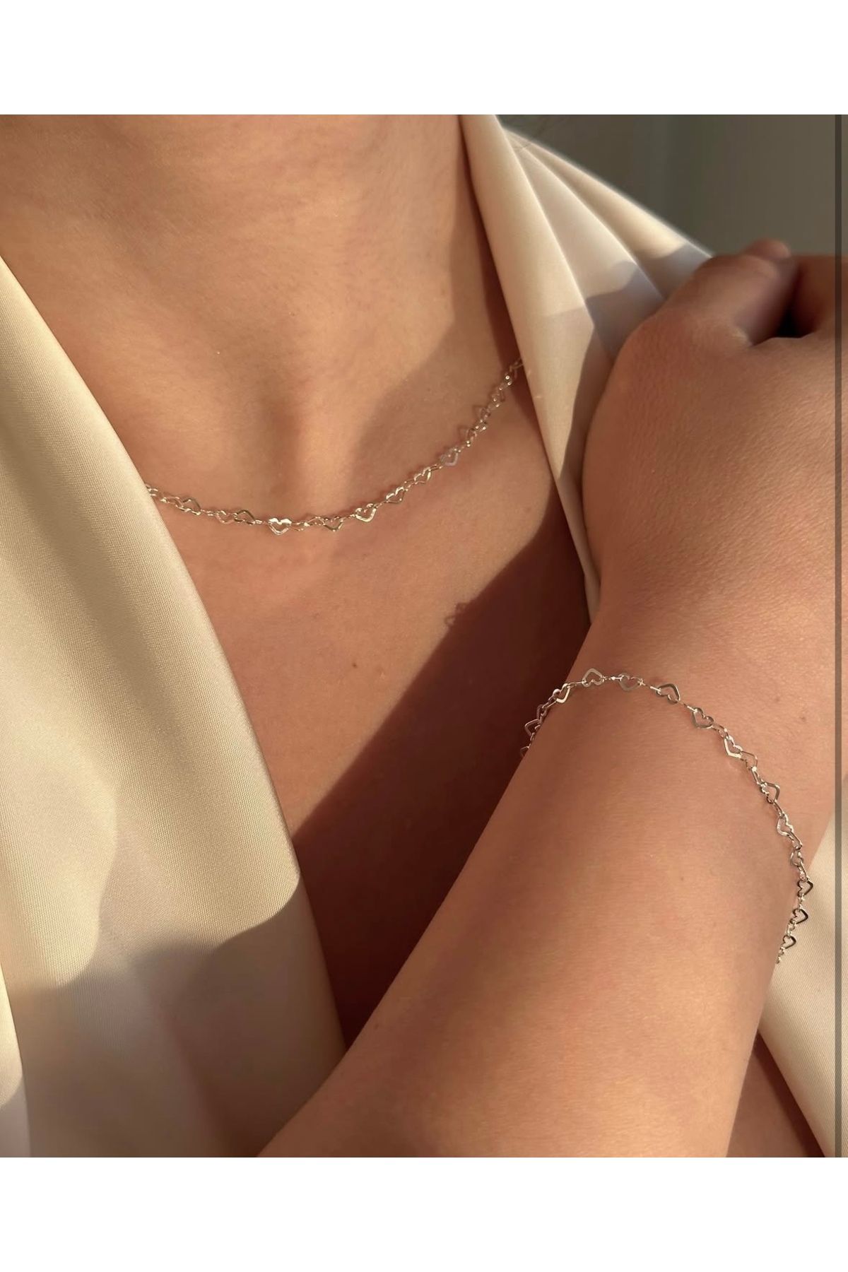 sleyshop Gümüş renk kalpli kolye bileklik set