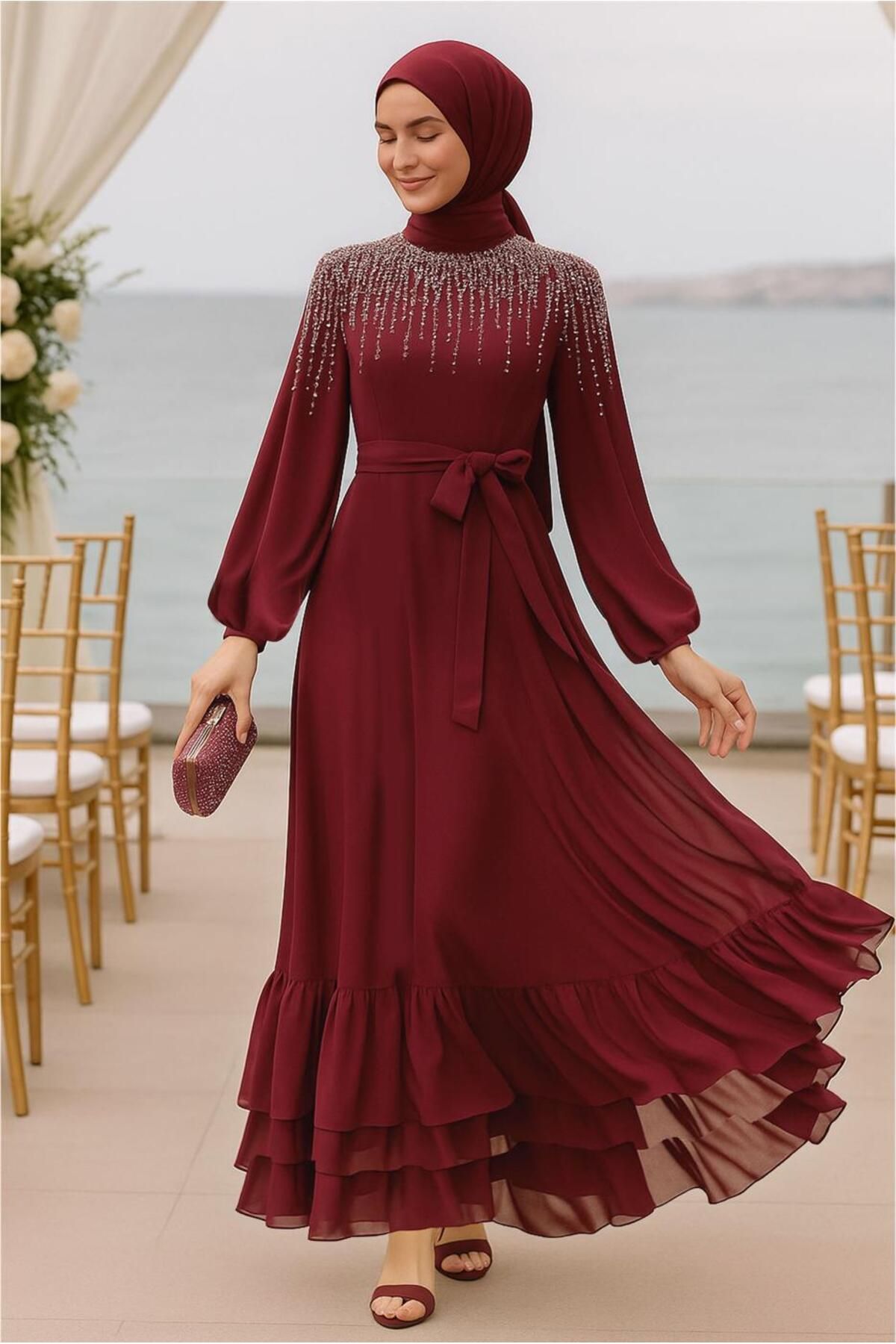 TRENDTESETTÜR KADIN BORDO İNCİ İŞLEMELİ ELBİSE T 0812