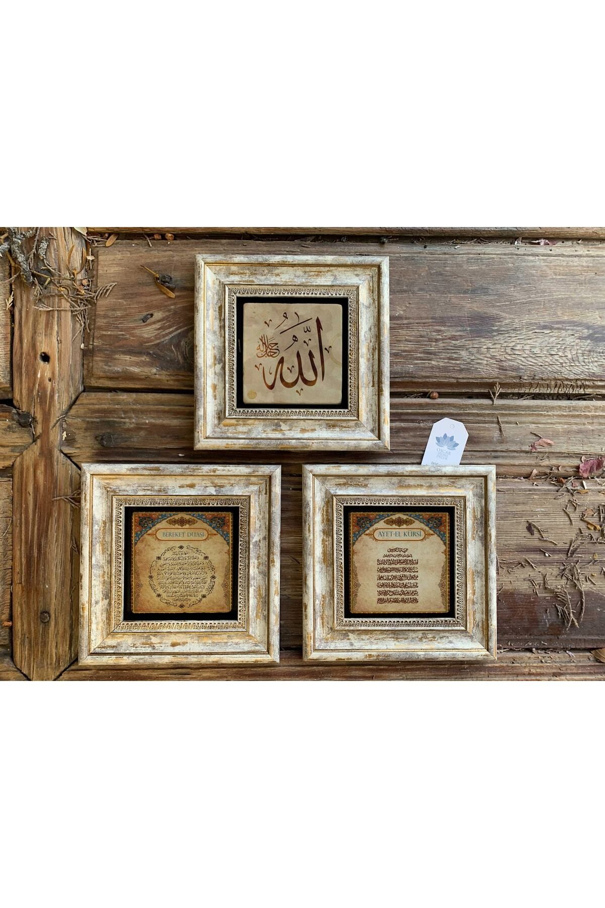 Elioure 3'lü taş duvar dekoru, bereket ve dua temalı, 20x20 cm set