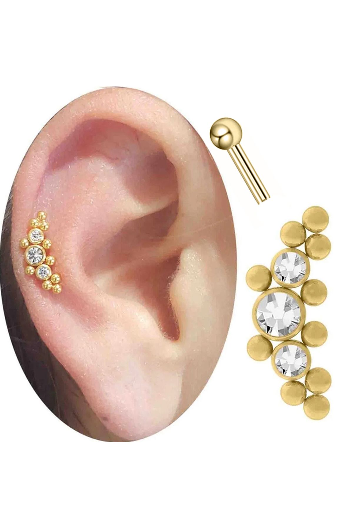 Cadının Dükkanı Taşlı Çelik Gold Tragus Helix Kıkırdak Piercing