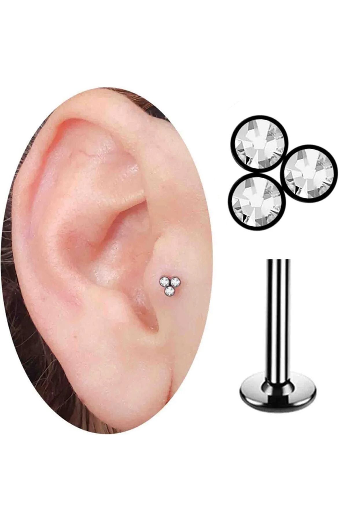 Cadının Dükkanı Üç Taş Siyah Çelik Gold Tragus Helix Kıkırdak Piercing