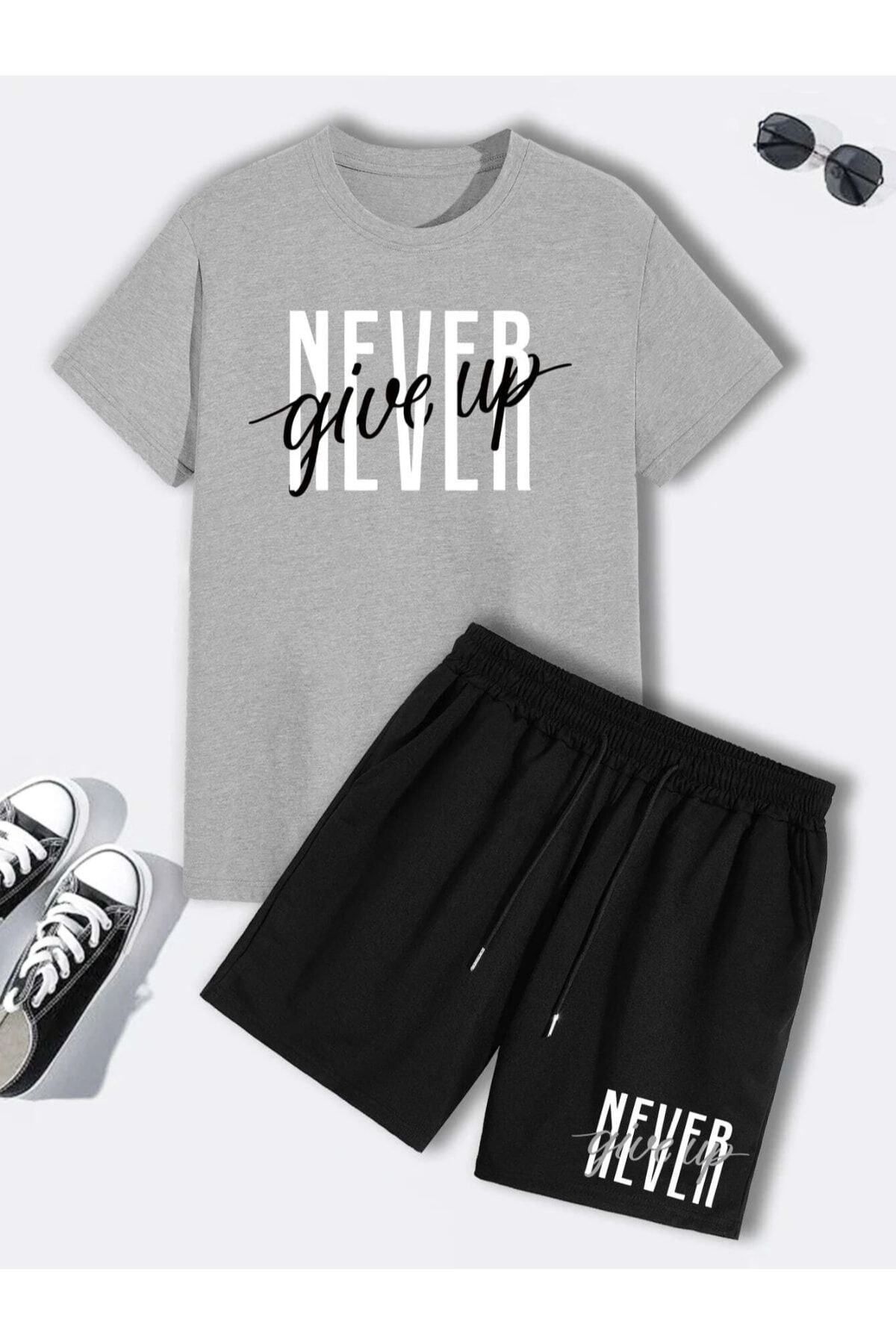 Trendglow Nevet Give Up Gri T-shirt Siyah Şort - Şortlu Tişört Alt Üst Takım Baskılı Oversize Bisiklet Yaka