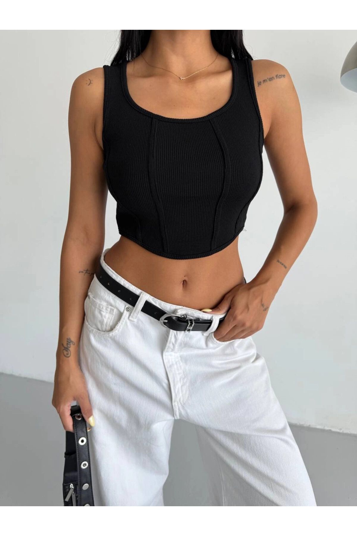 hazelin Kadın Siyah Fitilli Kaşkorse Crop Bluz HZL25S-FRY123171