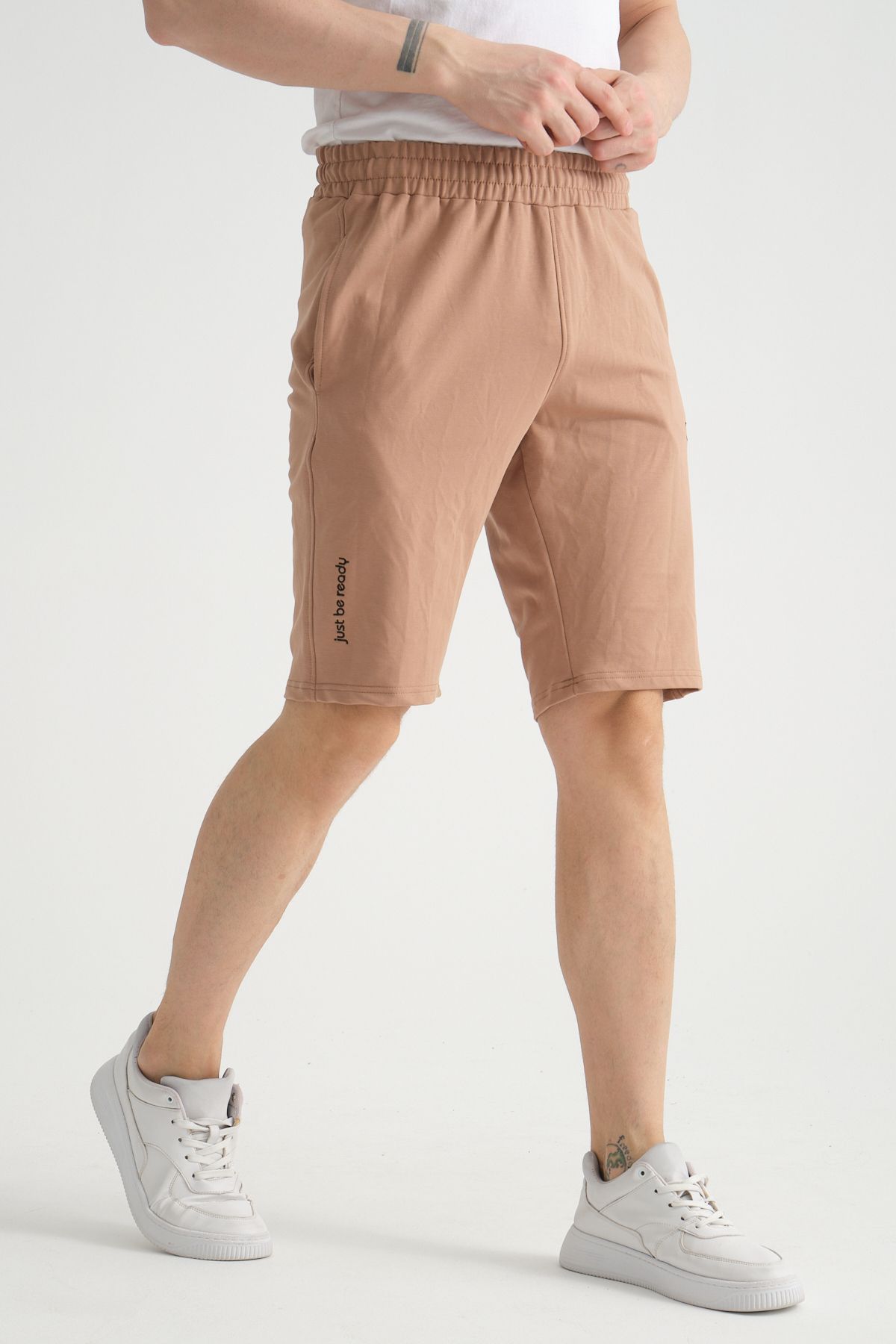 Shooter Sportswear Minimal Logolu Pamuklu Koyu Bej Regular Kalıp Erkek Şort