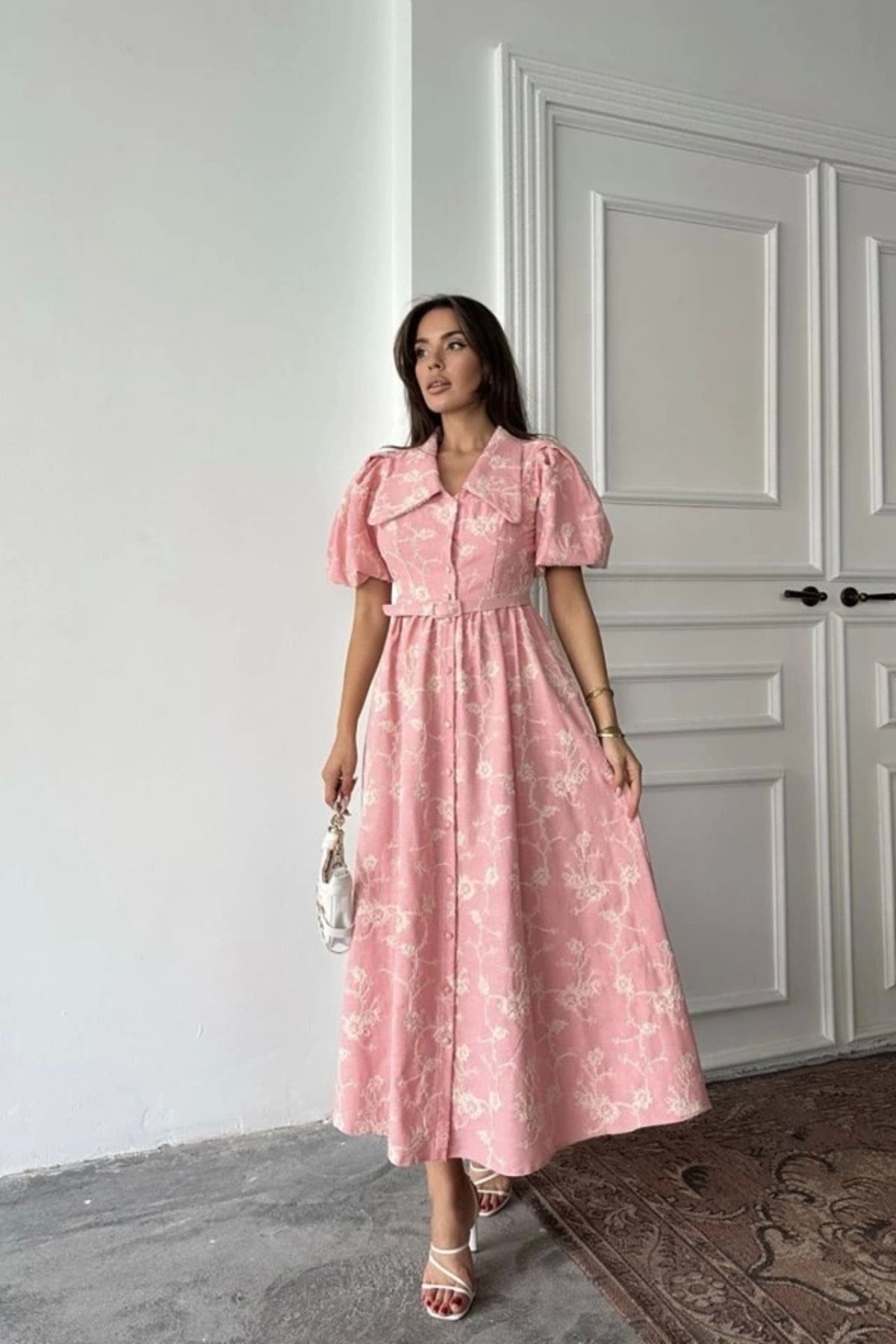 Butik Pembe Bebe Yaka Balon Kollu Elbise