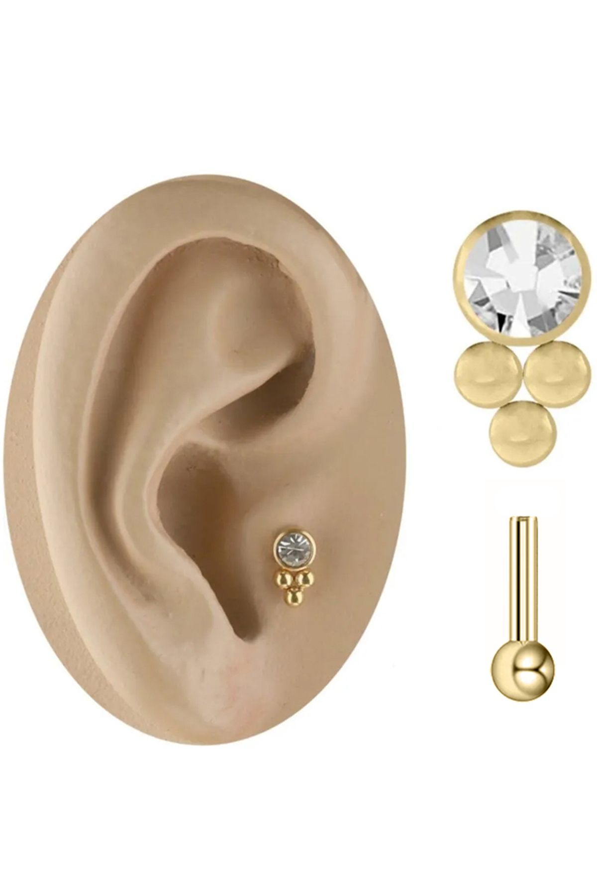 Cadının Dükkanı Üç Top Taşlı Gold Çelik Tragus Helix Kıkırdak Piercing