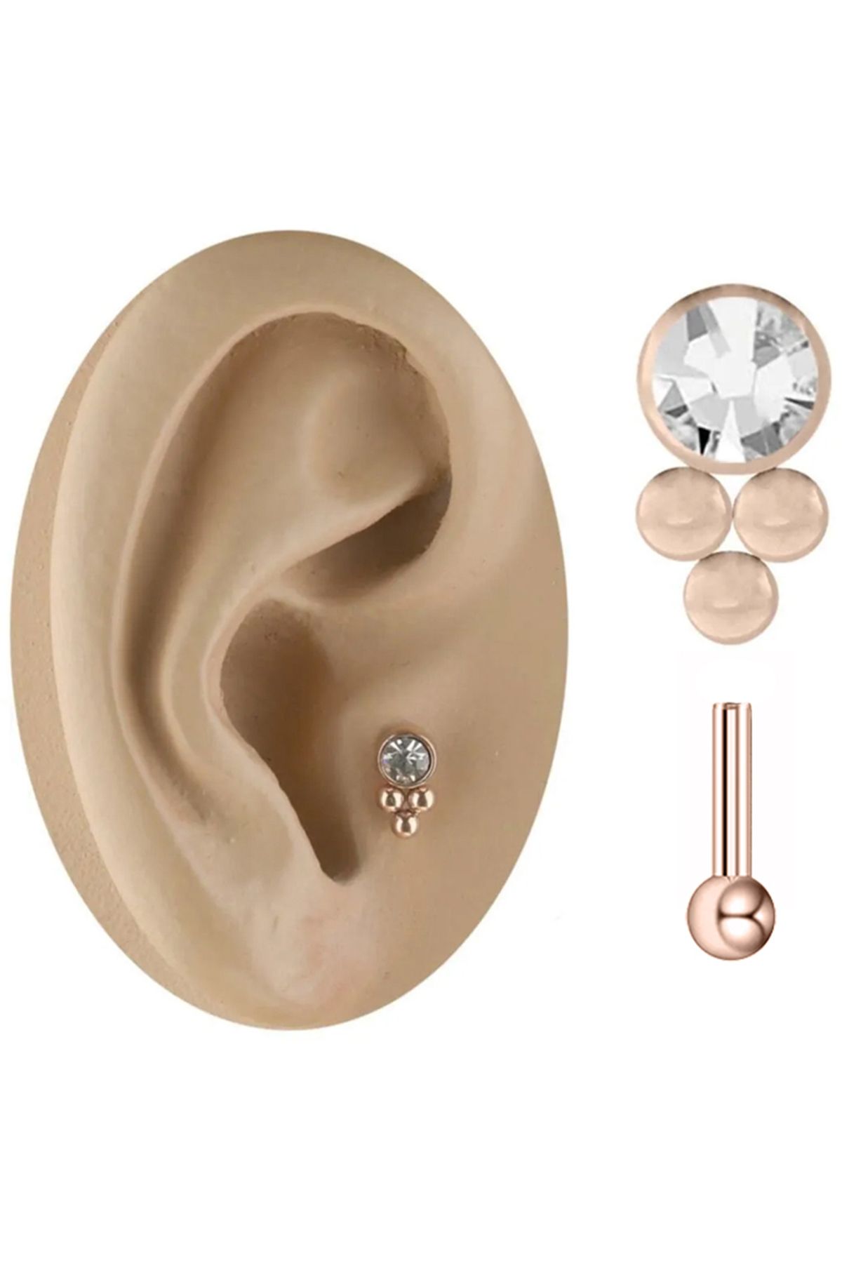 Cadının Dükkanı Üç Top Taşlı Rose Çelik Tragus Helix Kıkırdak Piercing