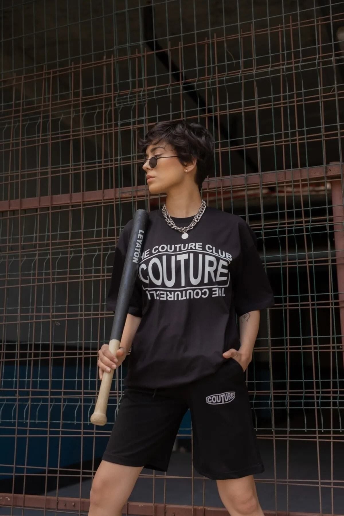 Trendglow Couture T-shirt Penye Şort - Siyah Şort Tişört Alt Üst Takım Baskılı Oversize Bisiklet Yaka