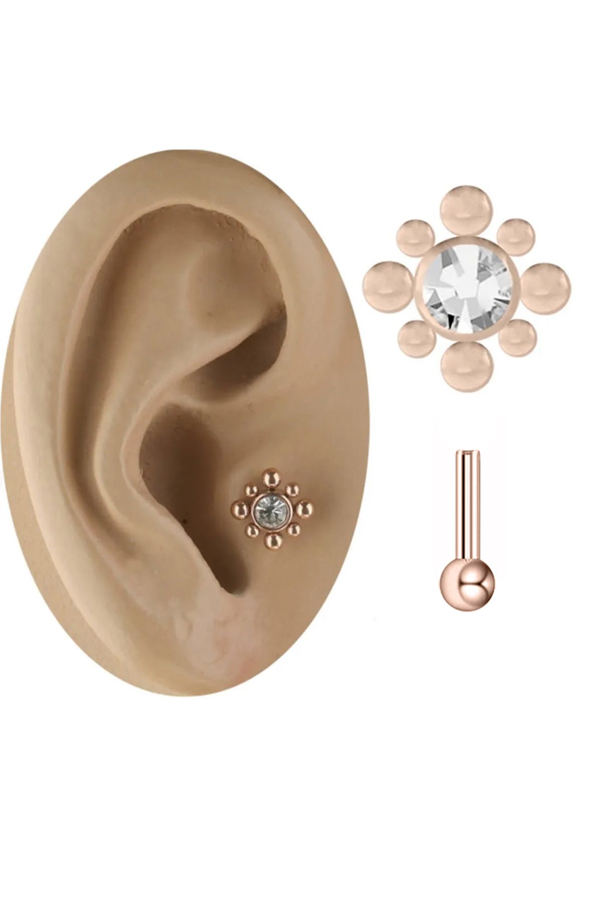 Cadının Dükkanı Sekiz Top Taşlı Rose Çelik Tragus Helix Kıkırdak Piercing