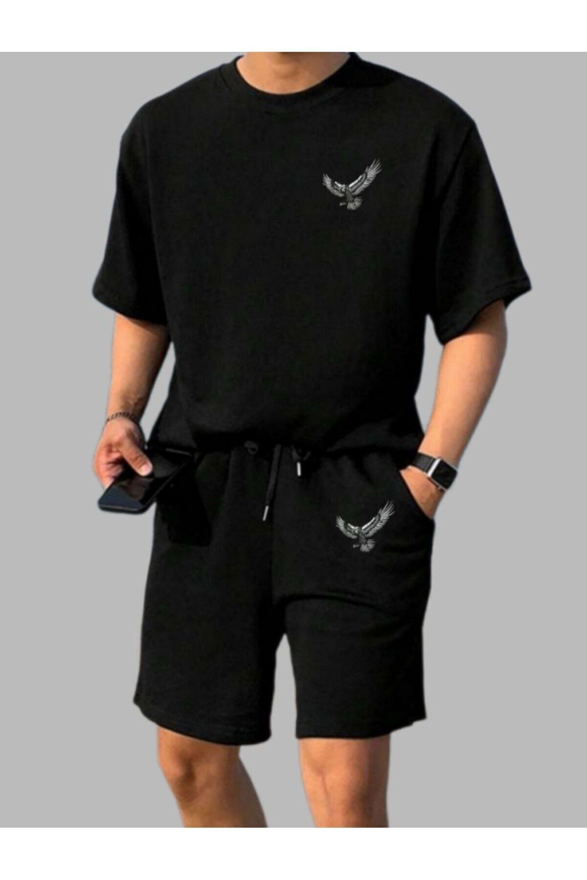 Trendglow Kartal Desen T-shirt Penye Şort - Siyah Şort Tişört Takım Baskılı Oversize Bisiklet Yaka