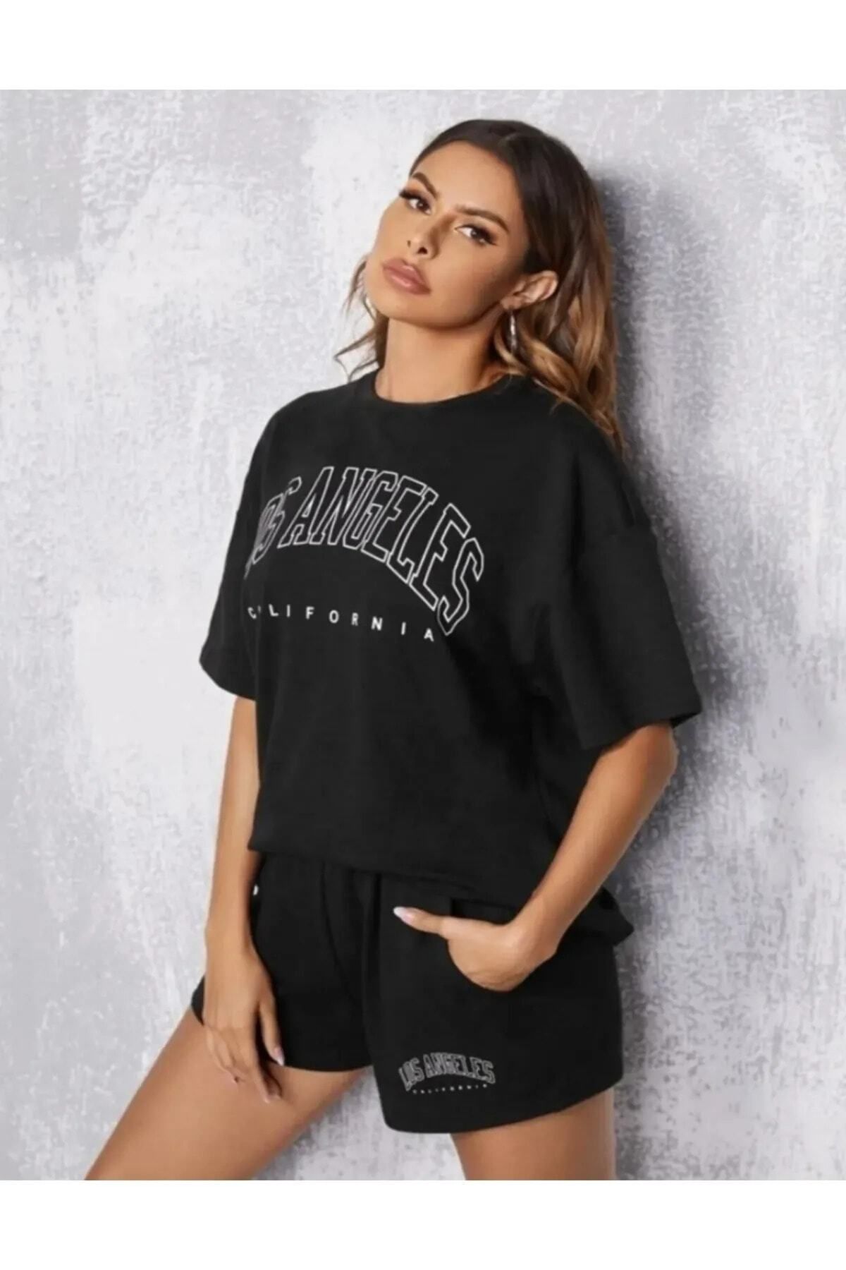 Trendglow Los Angeles T-shirt Penye Şort - Siyah Alt Üst Takım Baskılı Oversize Bisiklet Yaka