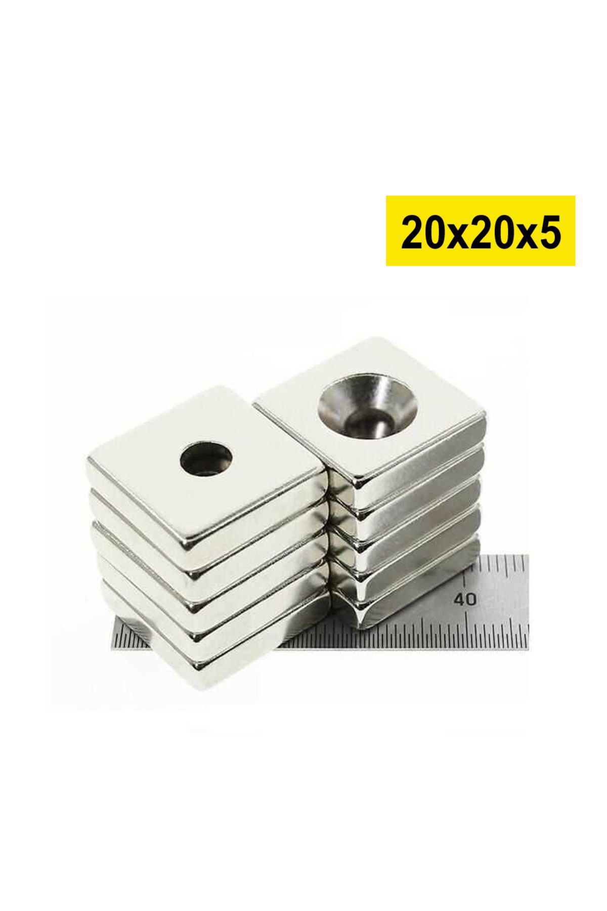Elioure 10 Adet Gri Köşeli Neodyum Mıknatıs 20x20x5 mm, D: 10/5 mm, Havşa Delikli, N35 Kalite