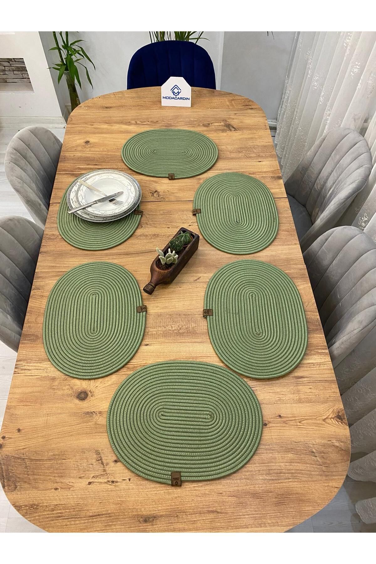 Elioure Yeşil hasır jüt oval sunum tabak altlığı 6'lı set