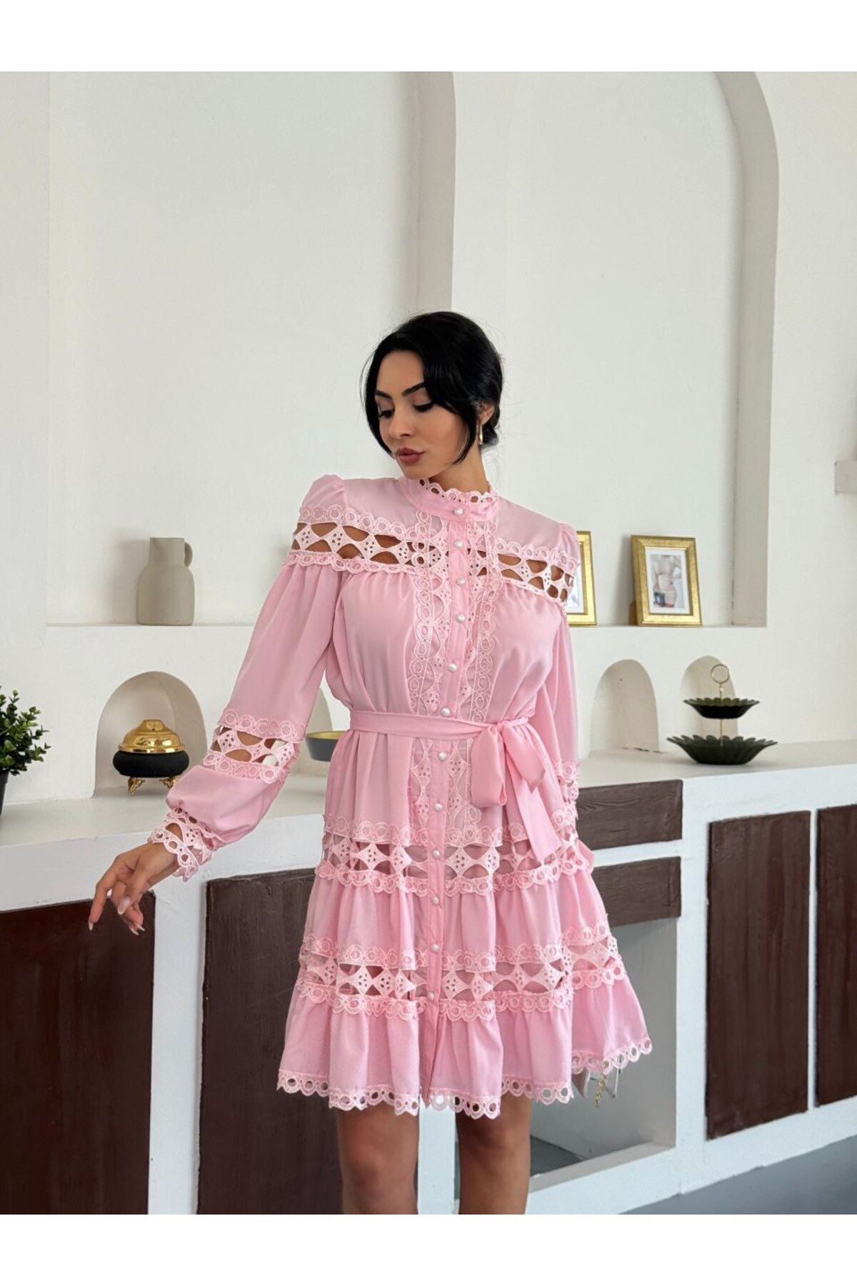 MSN Jennyfer Krep Kumaş & Dantel Detaylı Astarlı Elbise- PEMBE-23180