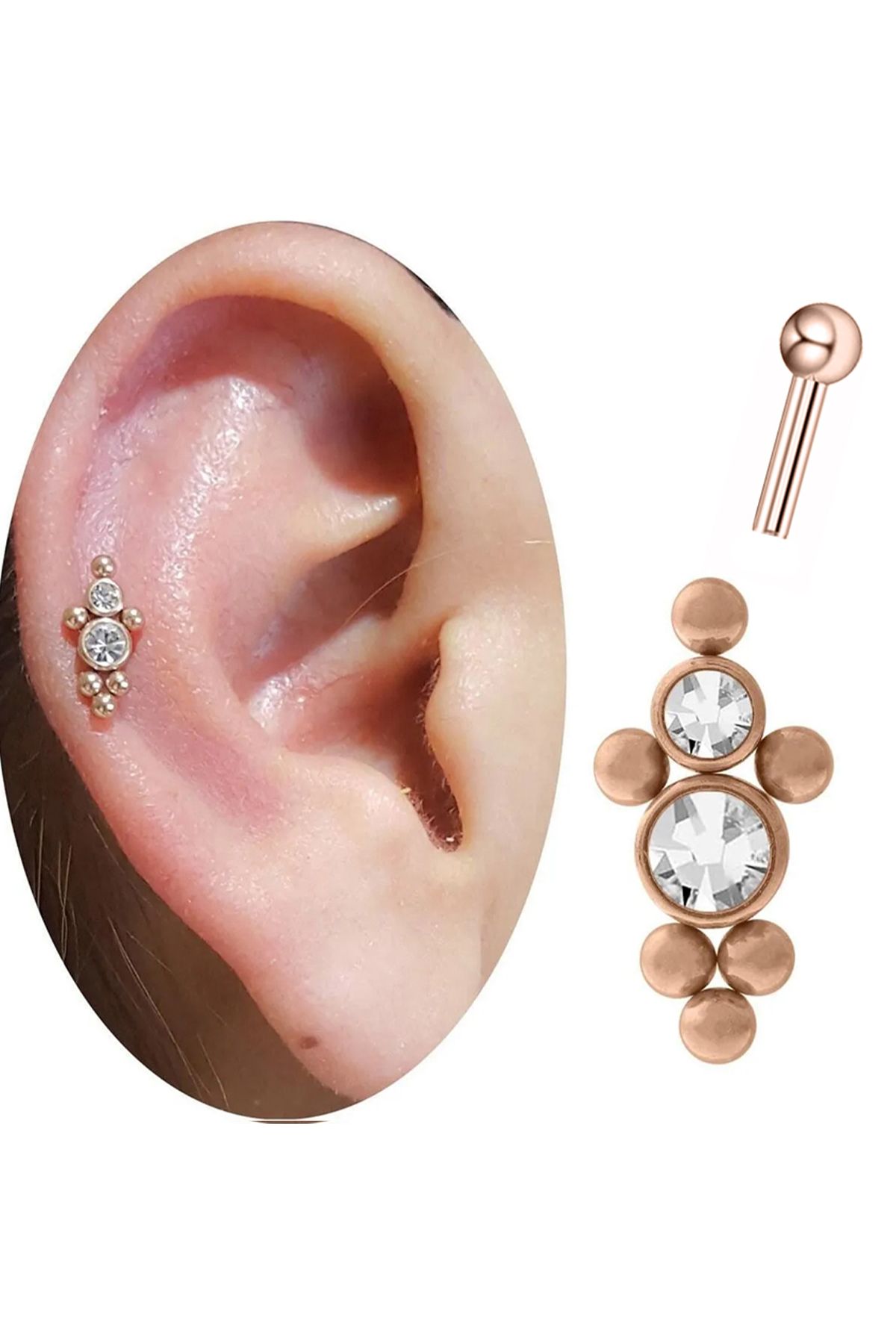 Cadının Dükkanı Taşlı Rose Çelik Tragus Helix Kıkırdak Piercing
