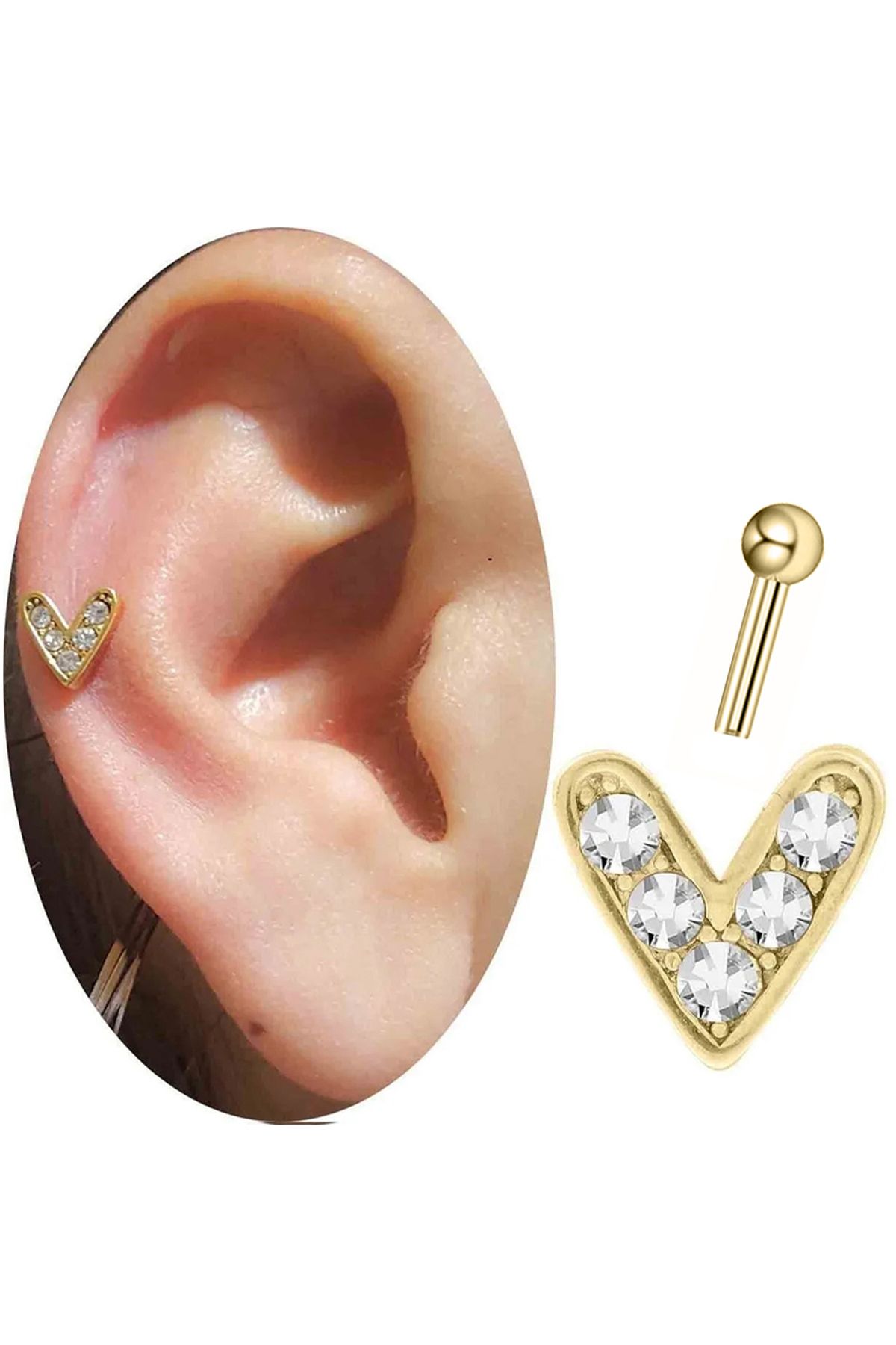 Cadının Dükkanı Taşlı Çelik Kalp Gold Tragus Helix Kıkırdak Piercing