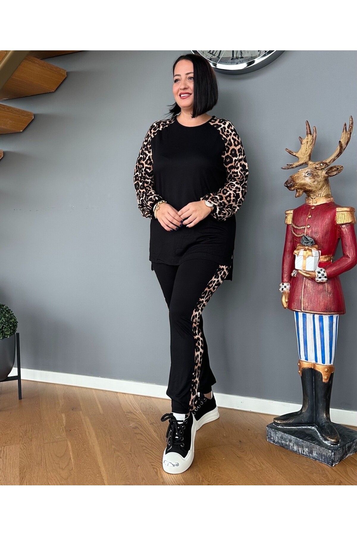 Vio Moda Büyük Beden Viskon Leopar Takım