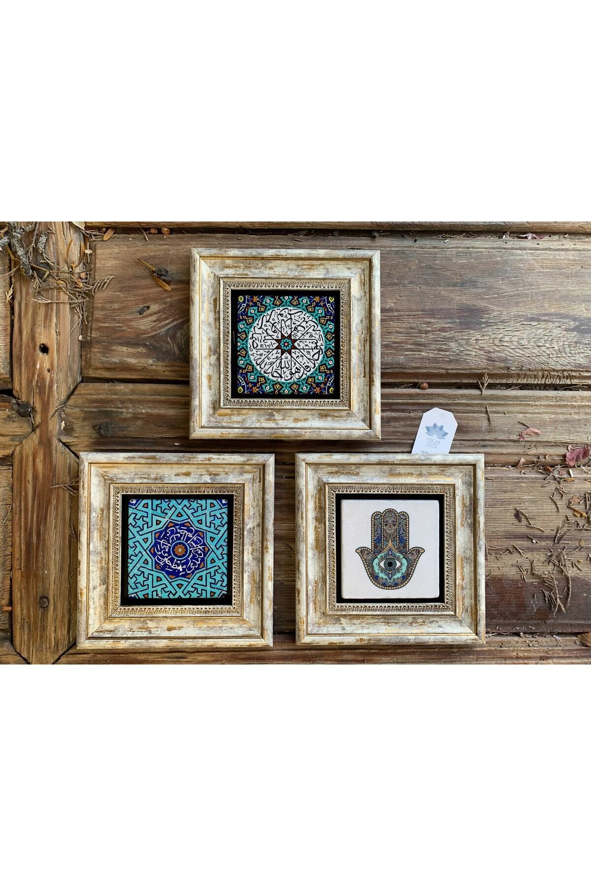 Elioure Çerçeveli Taş Duvar Dekoru 20x20 cm 3'lü Set, Çini Desenli Dualar, Şık ve Zarif Tasarım