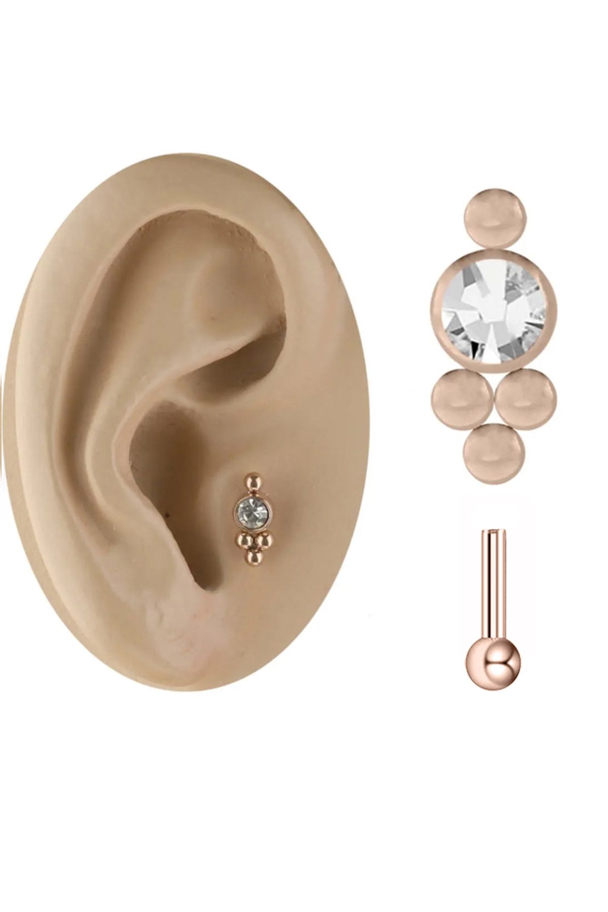 Cadının Dükkanı Dört Top Taşlı Rose Çelik Tragus Helix Kıkırdak Piercing
