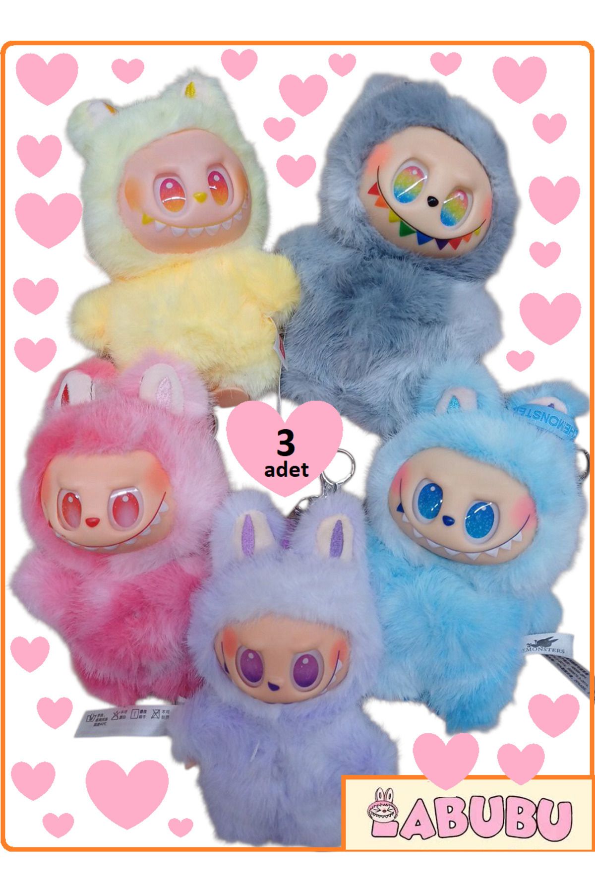 AVO-CATTO Labubu Canavarlar 3 Adet Birden Peluş Love Happines Hope Serenity Loyalty Luck 3lü Askılı Pop Peluş