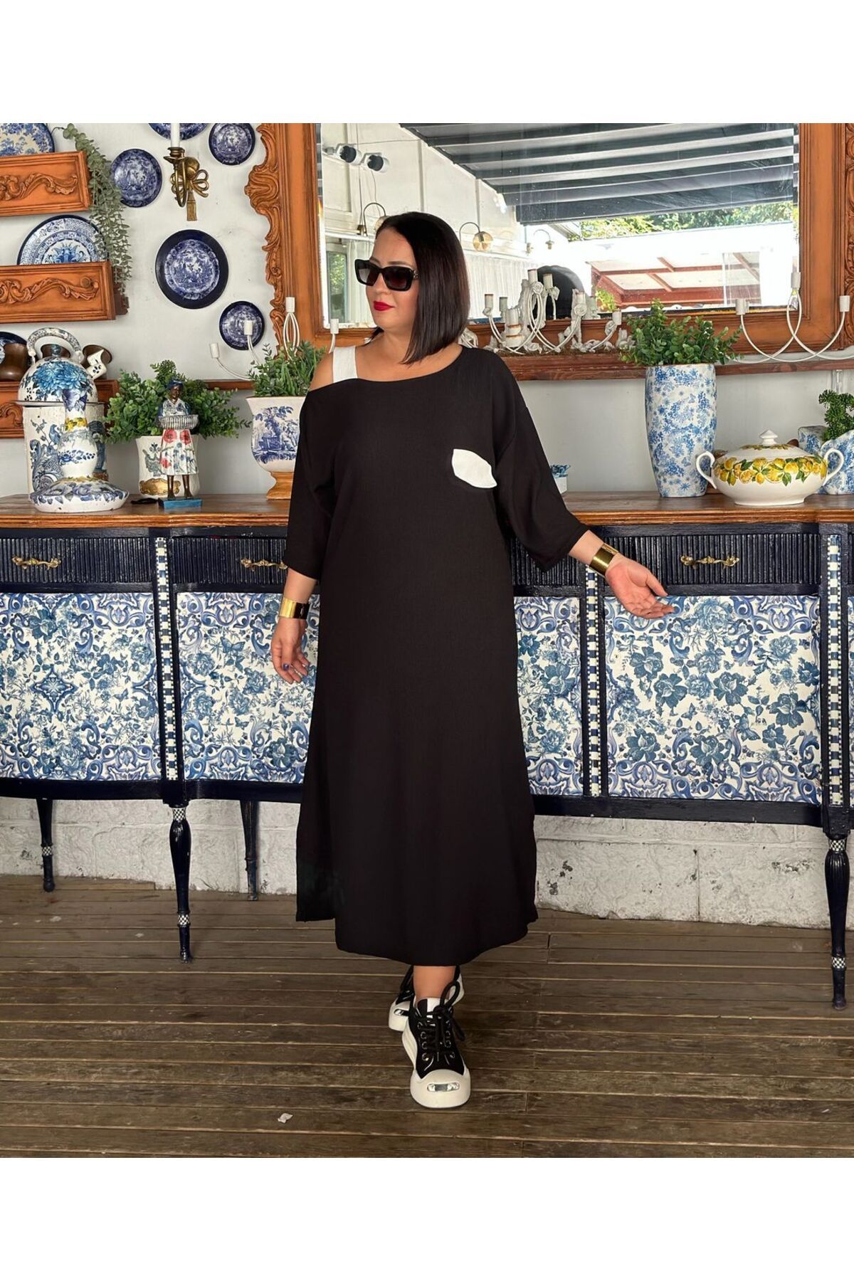 Vio Moda Büyük Beden Tek Omuz Askılı Elbise
